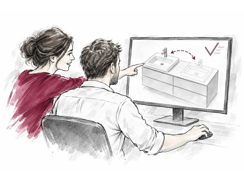 Zwei Personen sitzen an einem Computer und sehen die Planung eines Waschtischs mit Badmöbeln.
