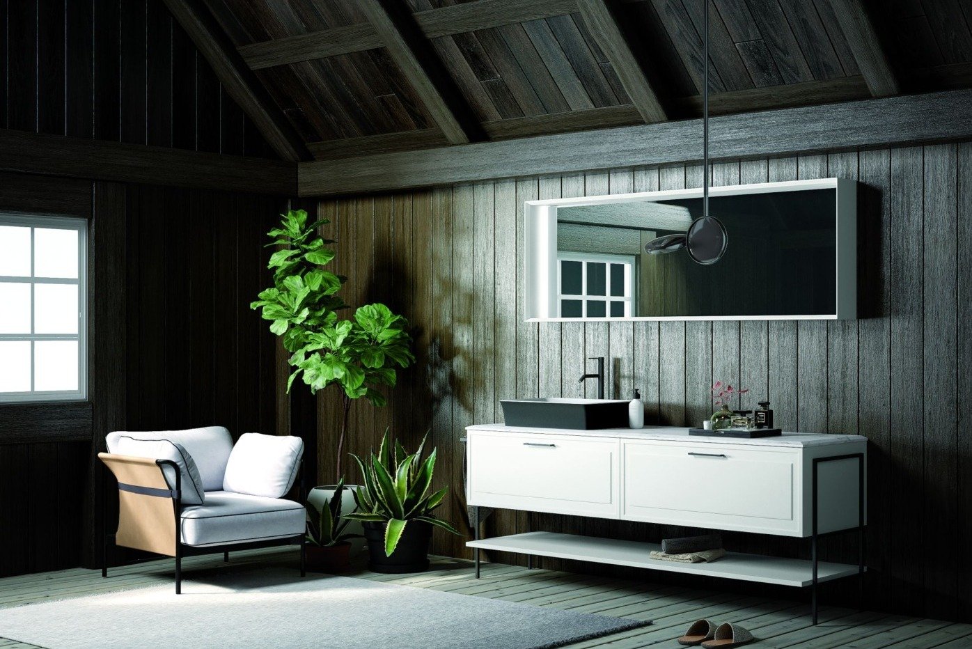 Abgebildete Badmöbel-Oberfläche: lackiert L001m weiß matt, kombiniert mit Structura S01 Schwarz matt Waschtisch-Platte: Marmo Carrara mit bevelled Profile Auflagebecken: SKIN Decor LB697D Abmessungen Waschtisch: Breite: 203 cm, Tiefe: 51 cm