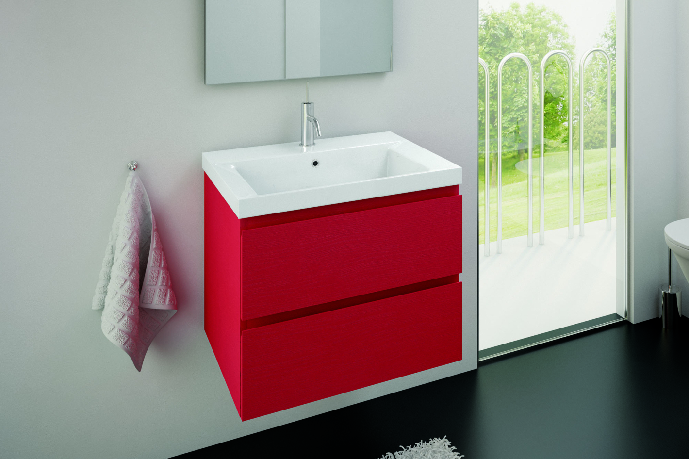 Badmöbel rot- mit Waschtisch-Unterschrank. In vielen bunten Farben erhältlich, auch in blau, grün etc.